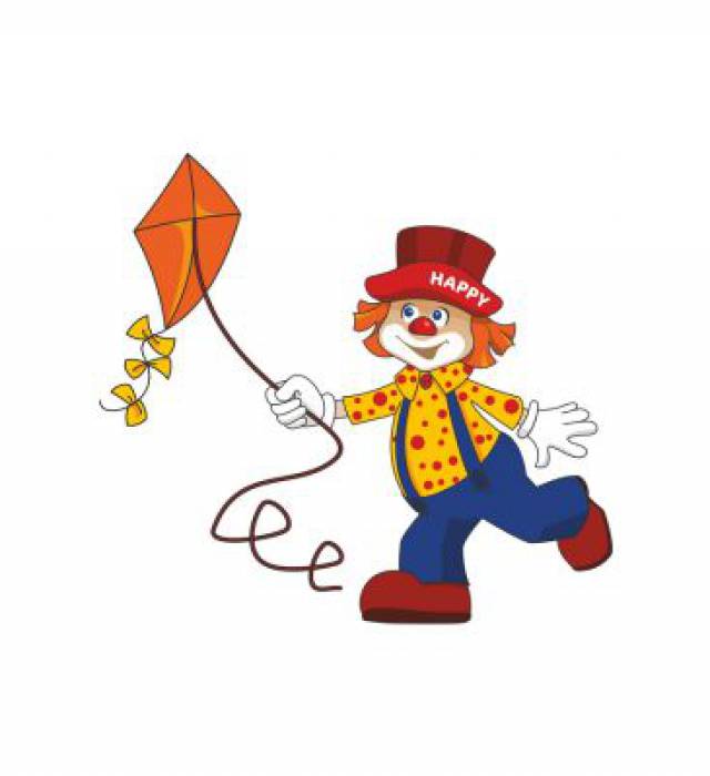 Familotel-Maskottchen Clown Happy lässt einen Drachen steigen