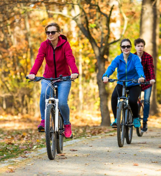 Drei Menschen fahren Fahrrad durch den herbstlichen Wald